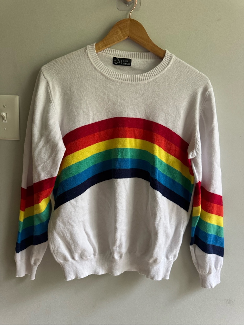 Women's White Rainbow Stripe Crew Sweater